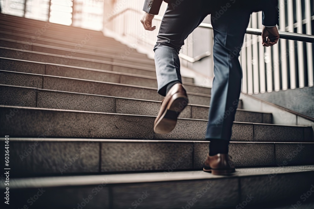 Close up young businessman feet sprinting up stairs office middle image Close up young businessman feet sprinting up stairs office middle image