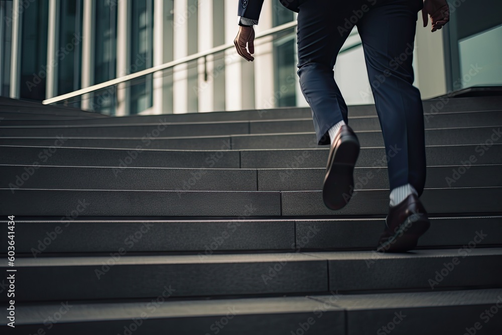 Close up young businessman feet sprinting up stairs office middle image Close up young businessman feet sprinting up stairs office middle image
