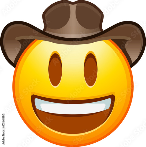 Top quality emoticon. Cowboy hat emoji. Happy smiled emoticon with brown leather brimmed hat. Yellow face emoji. Popular element. Detailed emoji icon from the Telegram app.