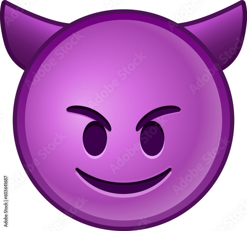 Top quality emoticon. Evil devil emoji. Happy purple emoticon with devil horns. Yellow face emoji. Popular element. Detailed emoji icon from the Telegram app.