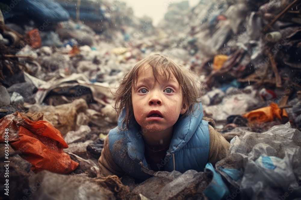 Obraz premium The child drowning in the heap of assorted plastic waste, ai tools generated image