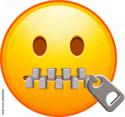 Top quality emoticon. Zip mouth emoji. Silent emoticon with closed metal zipper for mouth. Yellow face emoji. Popular element. Detailed emoji icon from the Telegram app.