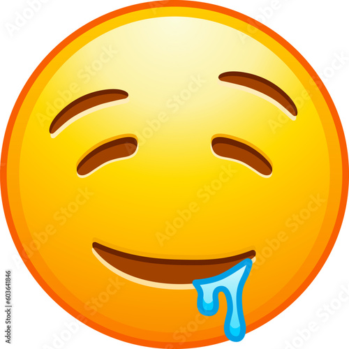 Top quality emoticon. Drooling emoji. Emoticon with saliva from mouth corner. Yellow face emoji. Popular element. Detailed emoji icon from the Telegram app.