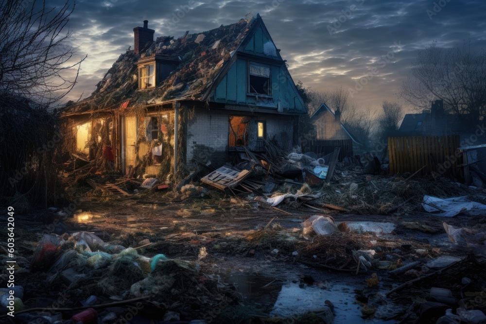 old small house extremely messy exterior, ai tools generated image old small house extremely messy exterior, ai tools generated image
