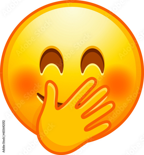 Top quality emoticon. Chuckle Emoji. Emoticon cover mouth with hand while laughing. Yellow face emoji. Popular element. Detailed emoji icon from the Telegram app.