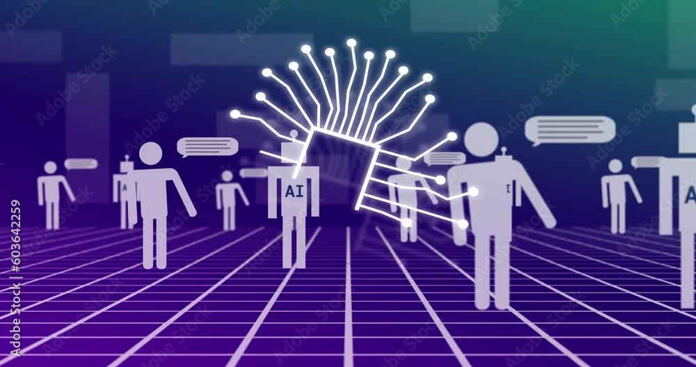 Animation of ai chat and data processing over grid on purple background
