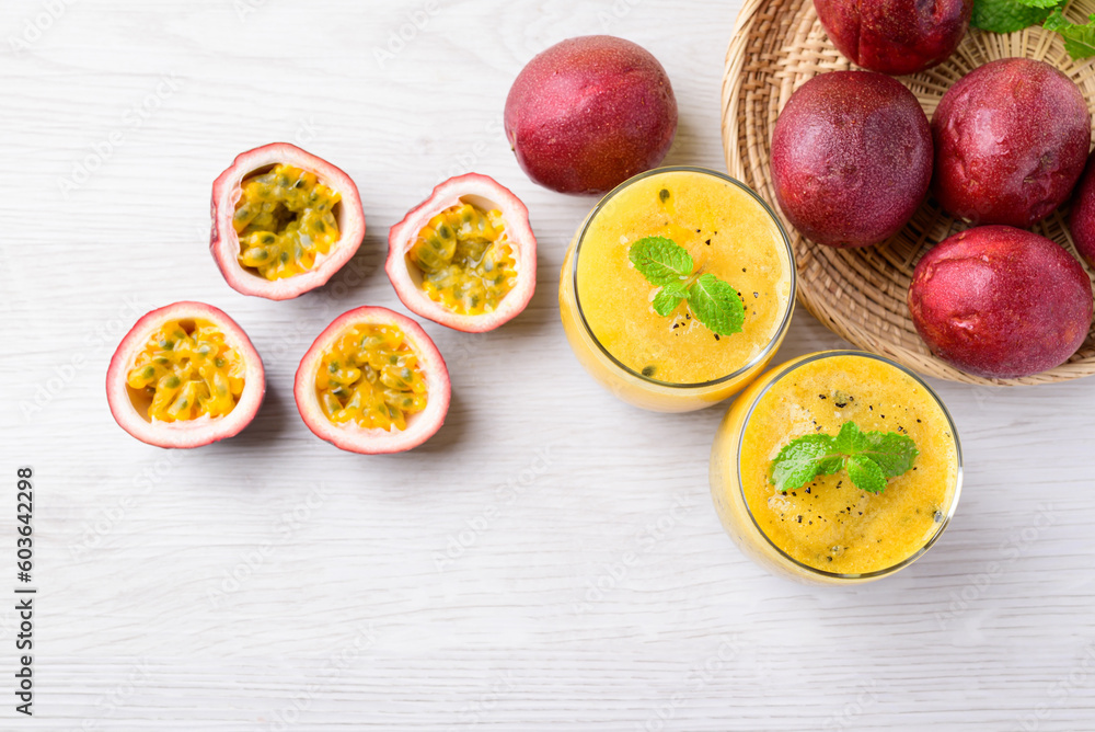 Fresh passion fruit smoothie drink in summer season, Table top view Fresh passion fruit smoothie drink in summer season, Table top view
