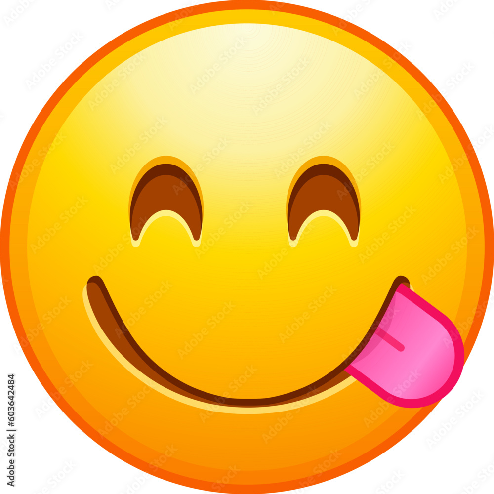 Top quality emoticon. Yummy emoji. Smiling emoticon licking lips, savoring food. Yellow face