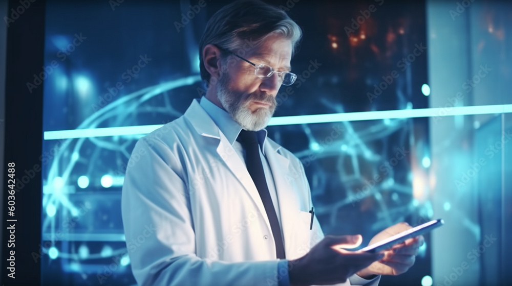 A man in a lab coat holds a lancet on a blue background. Generative AI. A man in a lab coat holds a lancet on a blue background. Generative AI.