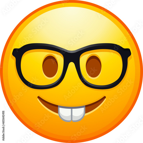 Top quality emoticon. Nerd emoji. Emoticon with transparent glasses, funny yellow face with black-rimmed eyeglasses. Detailed emoji icon from the Telegram app.