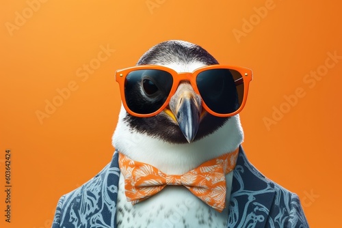 Stylish portrait of dressed up imposing anthropomorphic penguin wearing glasses and suit on vibrant orange background with copy space. Funny pop art illustration. AI generative image. © vlntn