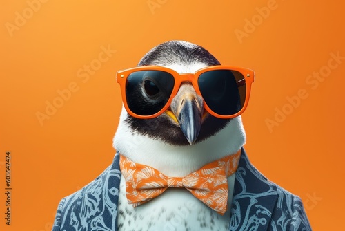 Stylish portrait of dressed up imposing anthropomorphic penguin wearing glasses and suit on vibrant orange background with copy space. Funny pop art illustration. AI generative image. photo