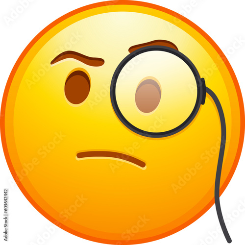 Top quality emoticon. Intelligent emoji. Smug emoticon with Monocle and raised eyebrow. Yellow face emoji. Popular element. Detailed emoji icon from the Telegram app.