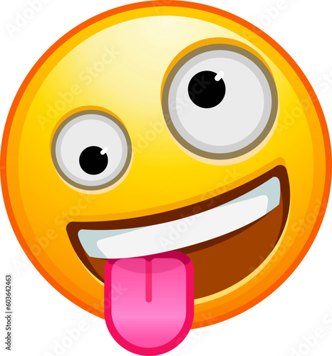Top quality emoticon. Zany emoji. Goofy emoticon with crazy eyes and tongue out. Yellow face emoji. Popular element. Detailed emoji icon from the Telegram app.