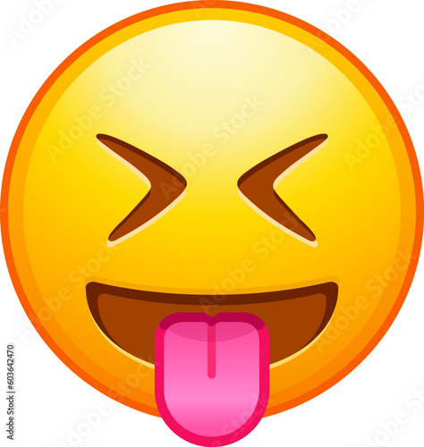 Top quality emoticon. Taunting emoji. Squinting face, grin with tongue out and scrunched eyes. Yellow face emoji. Popular element. Detailed emoji icon from the Telegram app.