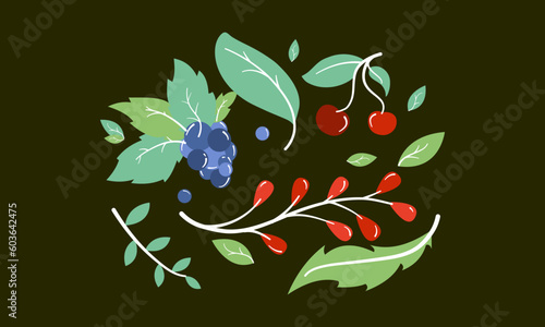 Wild berries fresh and ripe tasty healthy food with leaves vector flat style illustration isolated over white, delicious vegetation diet eating, nature gifts.