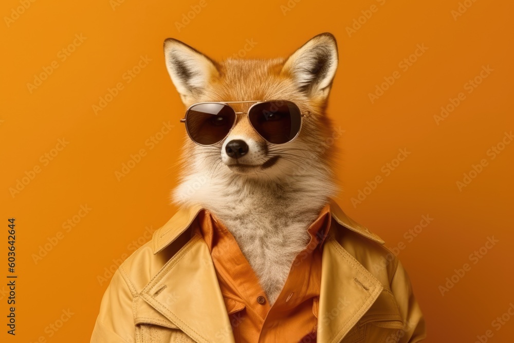 Stylish portrait of dressed up imposing anthropomorphic handsome fox wearing glasses and suit on vibrant orange background with copy space. Funny pop art illustration. AI generative image. Stylish portrait of dressed up imposing anthropomorphic handsome fox wearing glasses and suit on vibrant orange background with copy space. Funny pop art illustration. AI generative image.