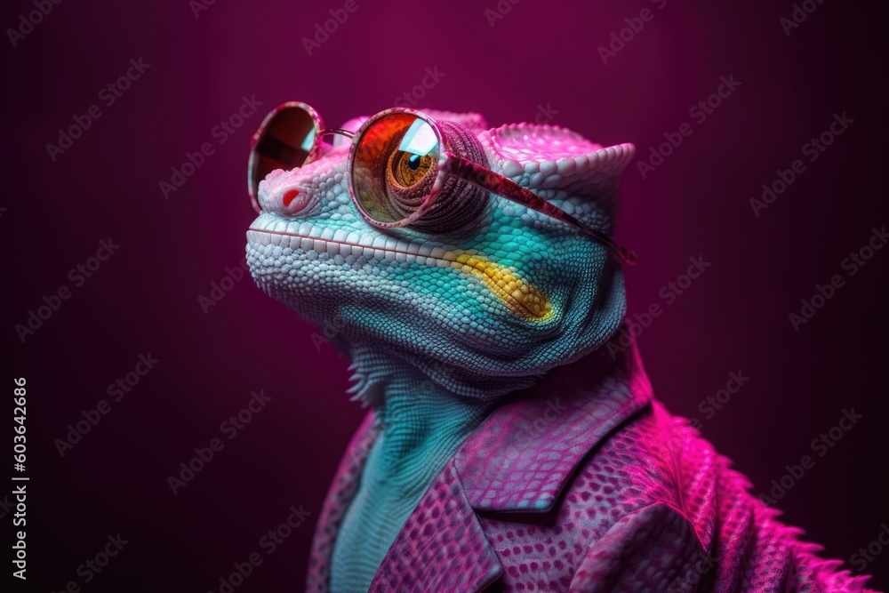 Poster Print Stylish portrait of dressed up imposing anthropomorphic chameleon wearing glasses and suit on vibrant pink background with copy space