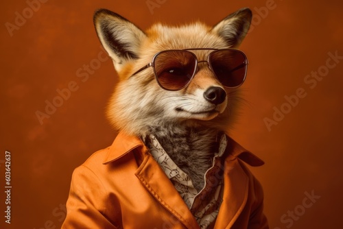 Stylish portrait of dressed up imposing anthropomorphic handsome fox wearing glasses and suit on vibrant orange background with copy space. Funny pop art illustration. AI generative image.