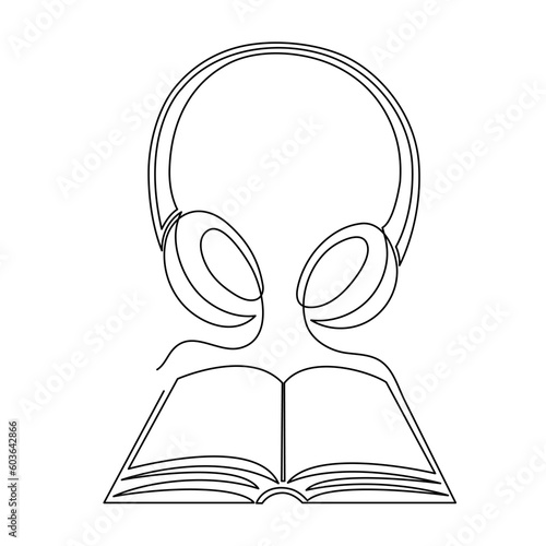 Headphone and book one line art,hand drawn audio reading device,listening audiobook wireless gadget continuous contour.Education and studying concept,technology for audition text outline.Editable