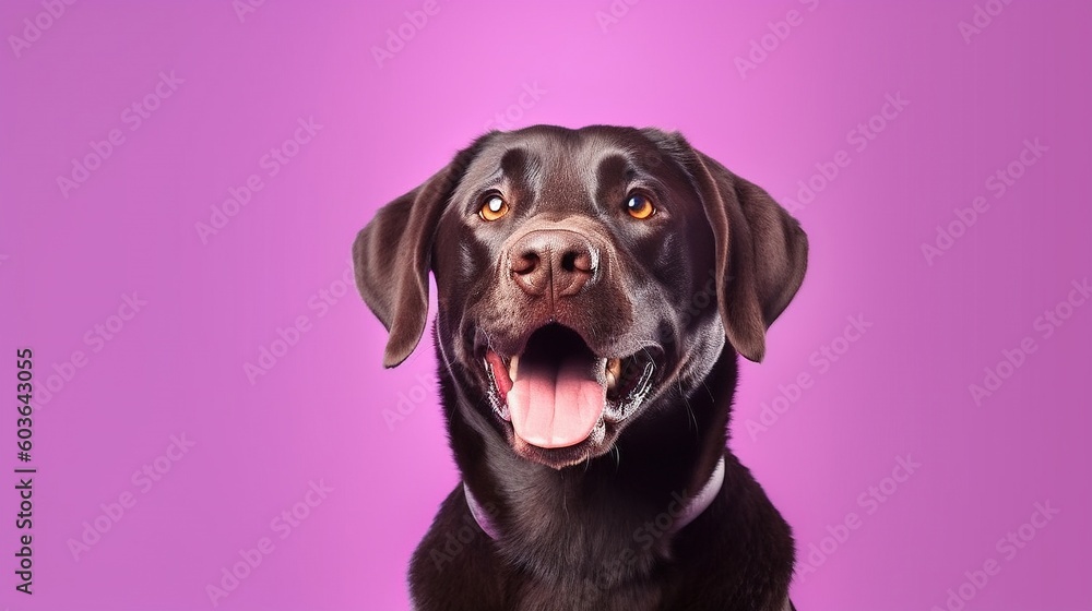 Fototapeta premium Portrait of a cute labrador retriever on a purple background.Generative Ai