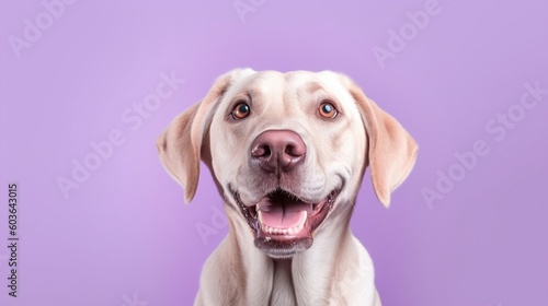 Portrait of a cute labrador retriever on a purple background.Generative Ai