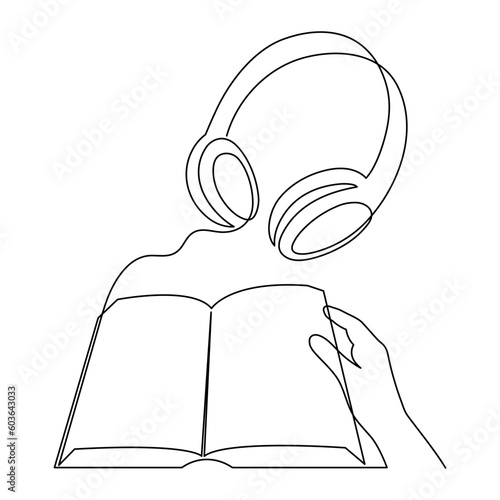 Headphone and book one line art,hand drawn audio reading device,listening audiobook wireless gadget continuous contour.Education and studying concept,technology for audition text outline.Editable