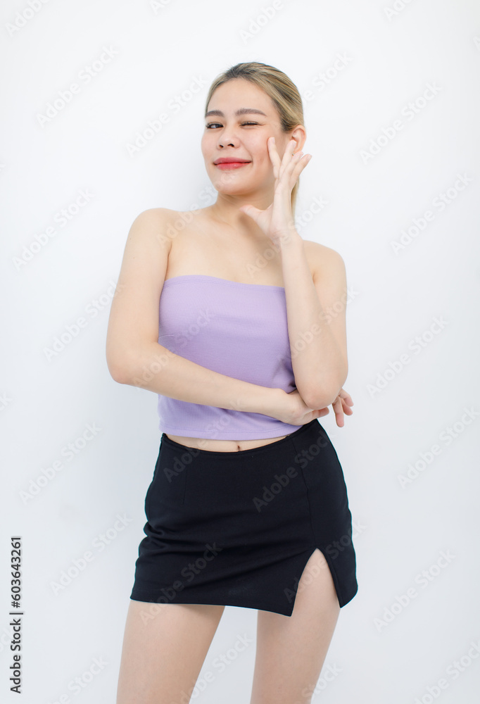Portrait isolated cutout closeup shot of millennial Asian young beautiful sexy long hair model in seamless tube cropped top standing posing crossed arms look at camera on white background copy space Portrait isolated cutout closeup shot of millennial Asian young beautiful sexy long hair model in seamless tube cropped top standing posing crossed arms look at camera on white background copy space