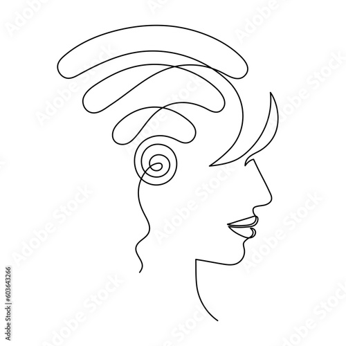 WI-FI signal and woman face one line art,hand drawn internet hotspot in girl head,access point continuous contour.Free zone wireless online concept,template outline.Editable stroke.Isolated.Vector