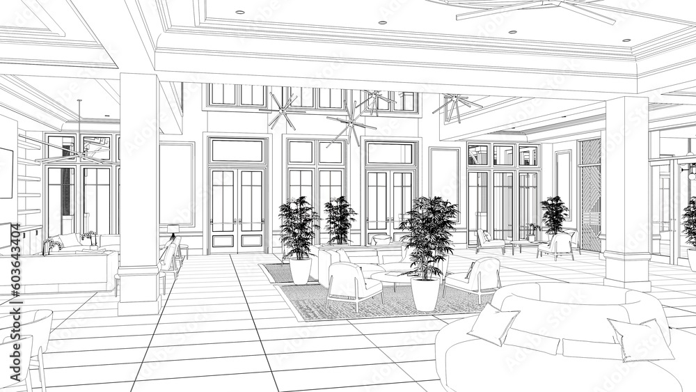large and spacious interior of the lobby in the hotel, sketch, outline illustration, cg render large and spacious interior of the lobby in the hotel, sketch, outline illustration, cg render