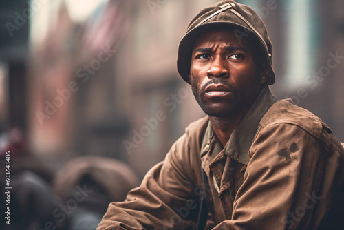 Portrait of a american black soldier in abondoned city made with Generative AI photo