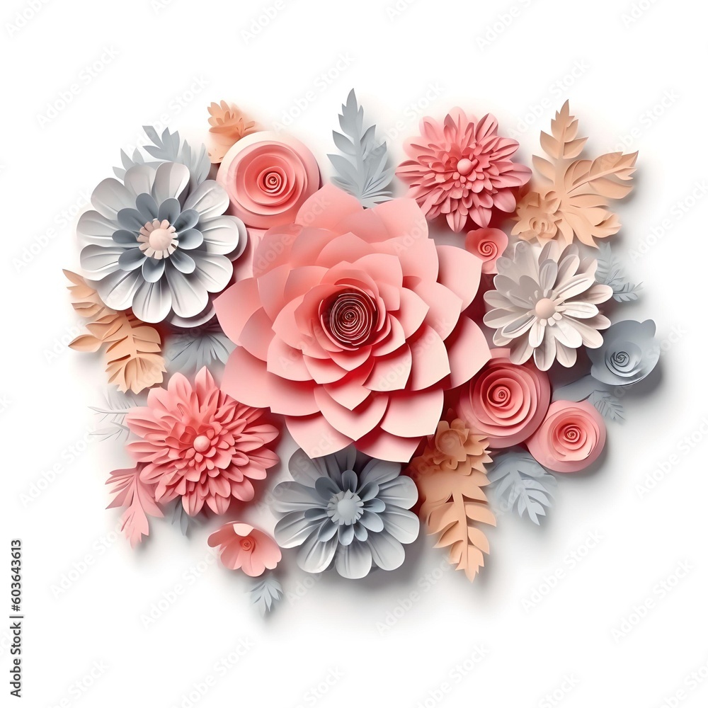 The pastel colors flowers of the paper. White background. Tropics. Paper flowers and leaves. Generative AI. The pastel colors flowers of the paper. White background. Tropics. Paper flowers and leaves. Generative AI.