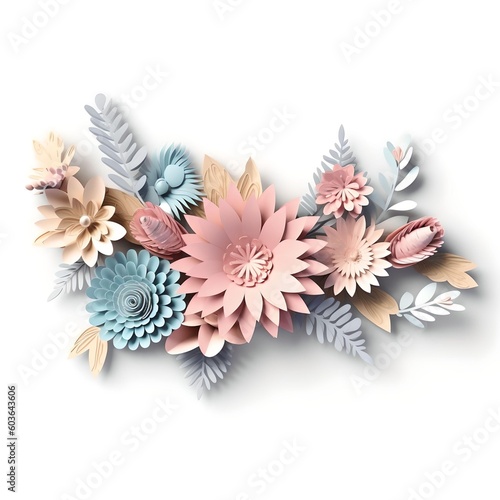 The pastel colors flowers of the paper. White background. Tropics. Paper flowers and leaves. Generative AI.