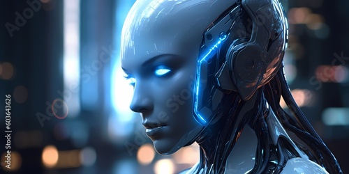 Shiny Robot with Blue Eyes - Concept Art. Generative AI