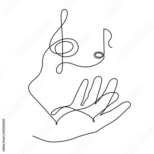 Hand holds treble clef and musical note one line art, hand drawn continuous contour. Artistic creative concept, minimalist design. Editable stroke. Isolated. Vector illustration