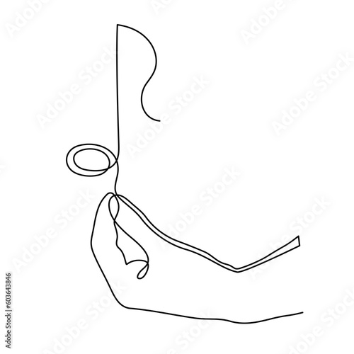 Hand holds musical note one line art, hand drawn continuous contour. Artistic creative concept, minimalist design. Editable stroke. Isolated. Vector illustration