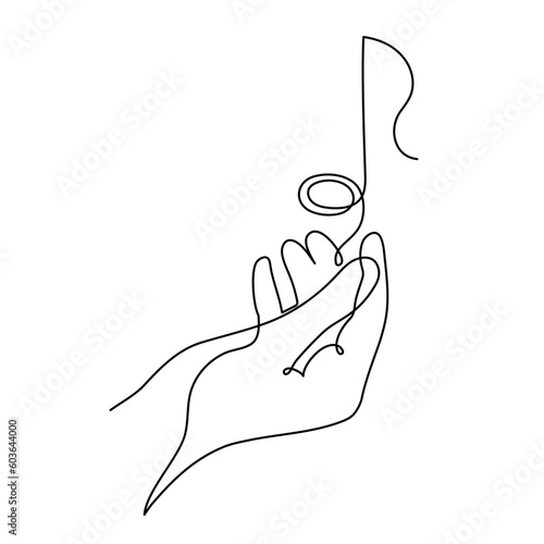 Hand holds musical note one line art, hand drawn continuous contour. Artistic creative concept, minimalist design. Editable stroke. Isolated. Vector illustration