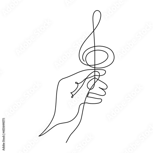 Hand holds treble clef one line art, hand drawn continuous contour. Artistic creative concept, minimalist design. Editable stroke. Isolated. Vector illustration