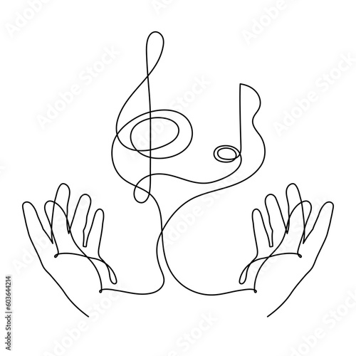 Hands hold treble clef and musical note one line art, hand drawn continuous contour. Artistic creative concept, minimalist design. Editable stroke. Isolated. Vector illustration