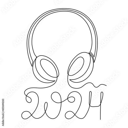 Headphone and 2024 one line art,hand drawn device gadget continuous contour.Listening festive New Year music wireless online concept,technology for audition holiday songs.Editable stroke.Isolated.
