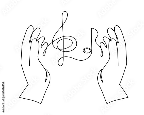 Hands hold treble clef and musical note one line art, hand drawn continuous contour. Artistic creative concept, minimalist design. Editable stroke. Isolated. Vector illustration