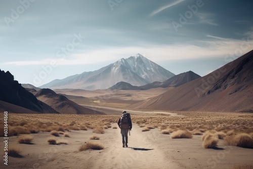 Hombre caminando por un terreno desértico y montañoso. IA generativa, generativa, IA