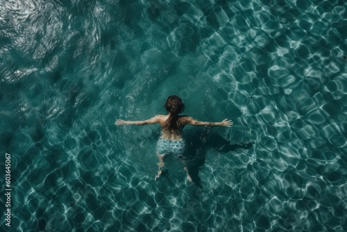 Mujer nadado en una piscina gigante, vista aérea. IA generativa, generativa, IA