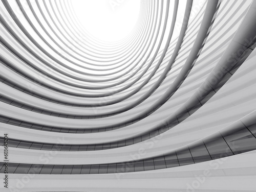 Foto 3D render of futuristic architecture, Skyscraper building with curve glass window