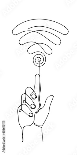 Hand with WI-FI signal one line art,hand drawn pals holds internet hotspot,access point continuous contour.Free zone wireless online concept,template outline.Editable stroke.Isolated.Vector