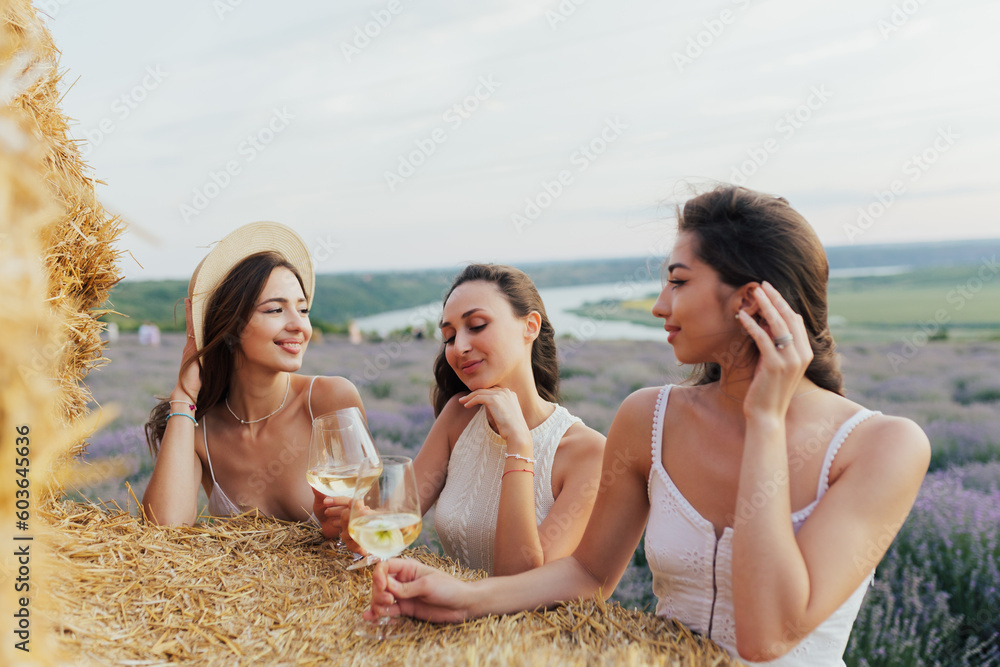 Three women sitting on hay bales in a field and clinking wine glasses.