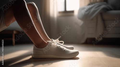 Woman puts on sneakers in the apartment. Ai generative.