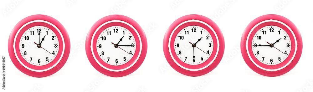 close up of a set of red wall clocks showing the time; 1, 1.15, 1.30 and 1.45 p.m or a.m. Isolated on white background - obrazy, fototapety, plakaty 