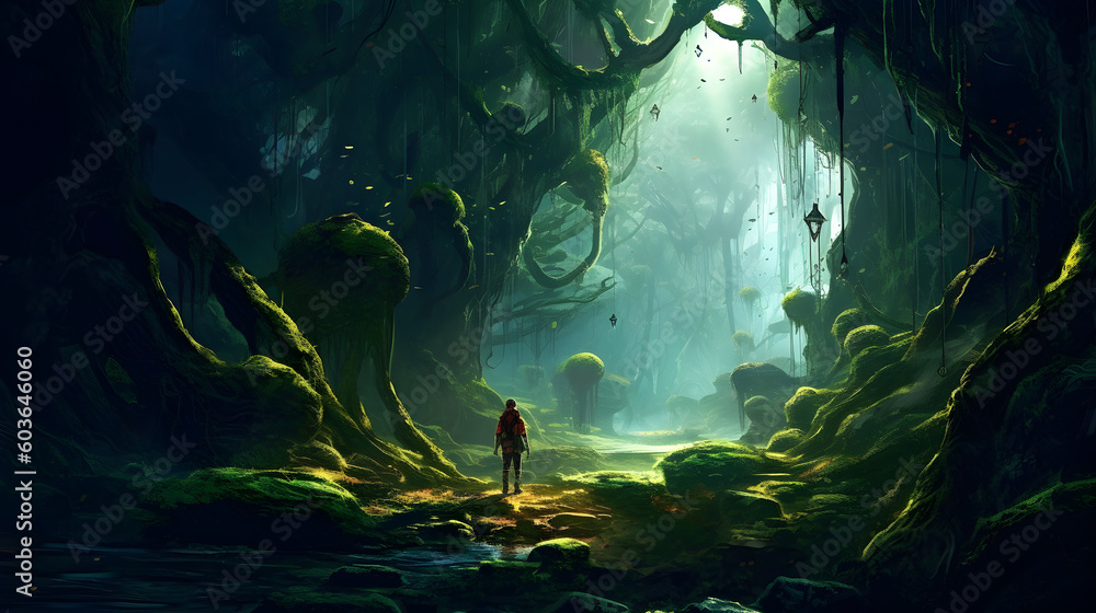 In the heart of an ancient forest, a lone adventurer gracefully emerges from the shadows made with Generative AI In the heart of an ancient forest, a lone adventurer gracefully emerges from the shadows made with Generative AI