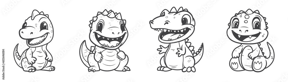 Fototapeta premium Little cute happy dinos set. Collection of Kids dinosaurs for coloring book. Illustration on transparent background